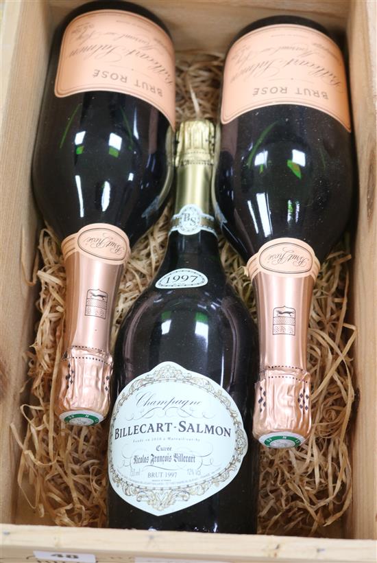 Two bottles of Billecart Salmon, Brut Rose N.V. and one bottle of Billecart Salmon Brut Nicolas, 1997